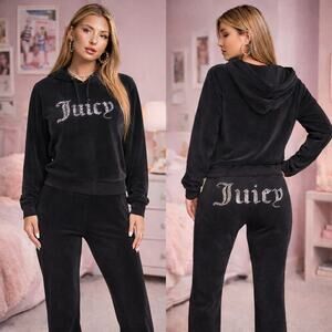 Juicy Couture Velour Bling Tracksuit Set Pullover Hoodie Pants Black Size XL